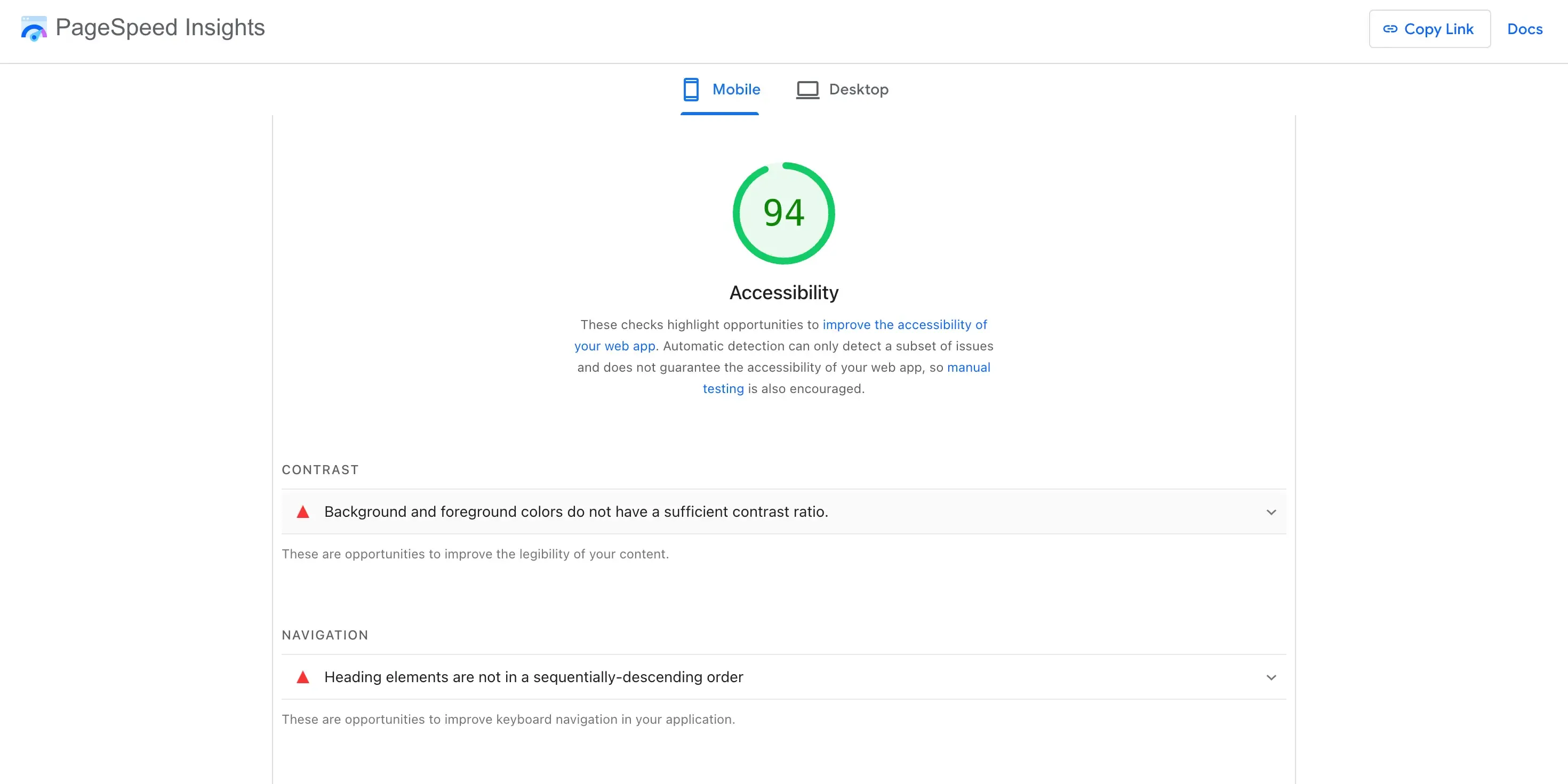Pagespeed Insight accessibility